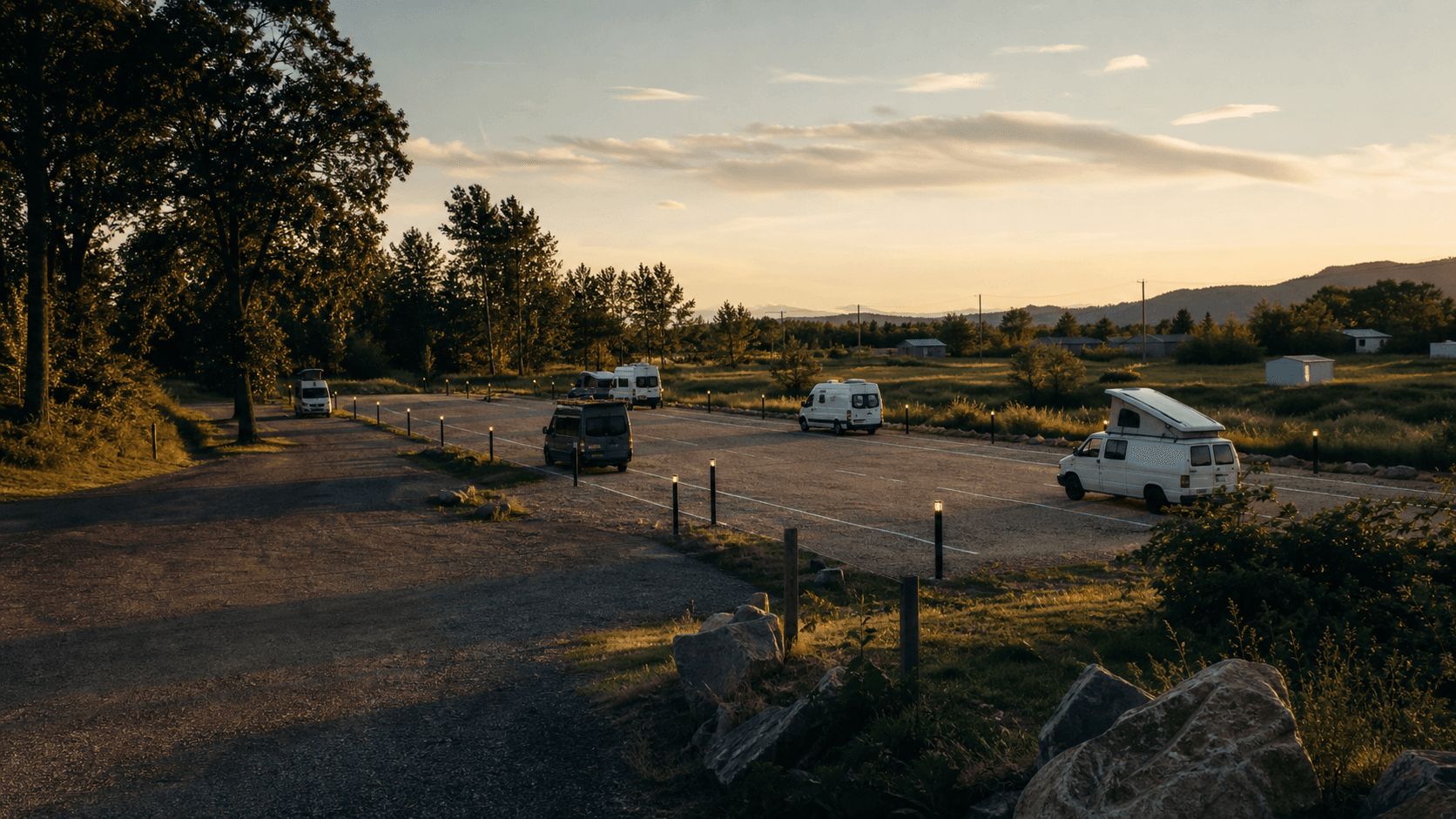 A finished VanCasa-style overnight parking site with organized gravel spaces and low lighting